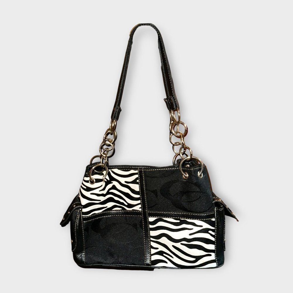 Zebra Striped Block Pattern Shoulder Bag Black an… - image 1